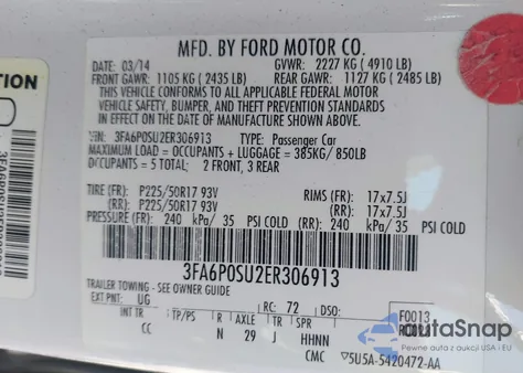 2014 Ford Fusion Energi Titanium from USA, damaged, VIN 3FA6P0SU2ER306913